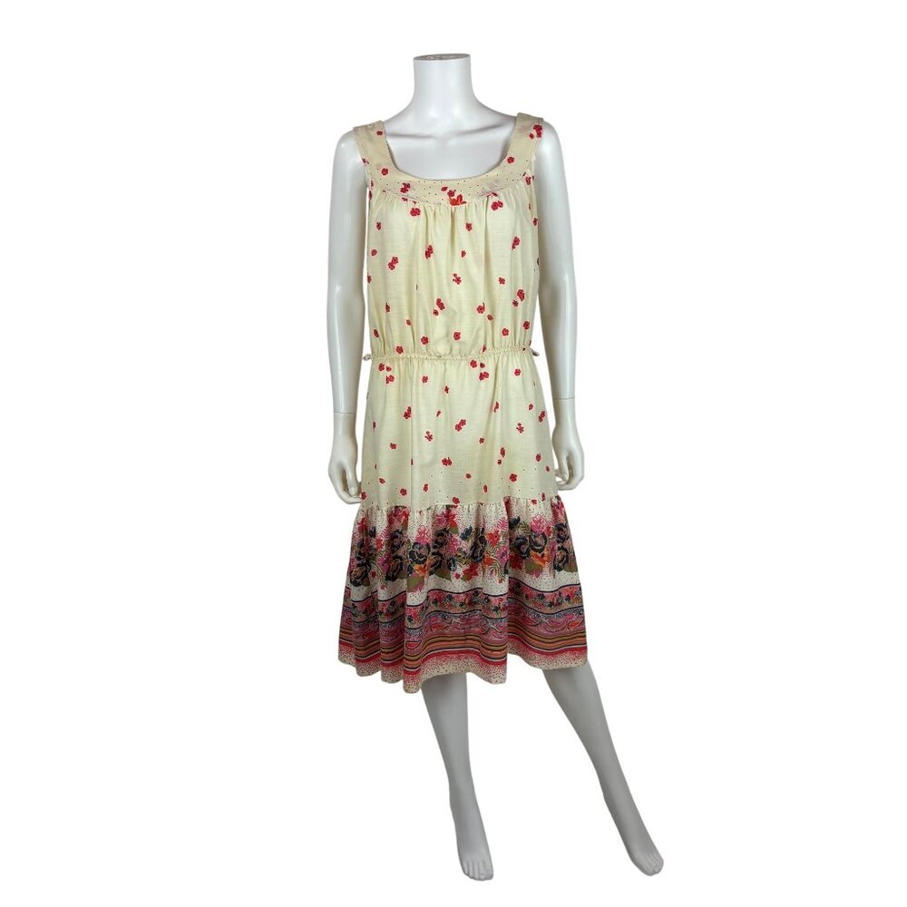 Vintage 70s Prairie Sundress Womens Large Peacock Bird Border Print Fit N Flare